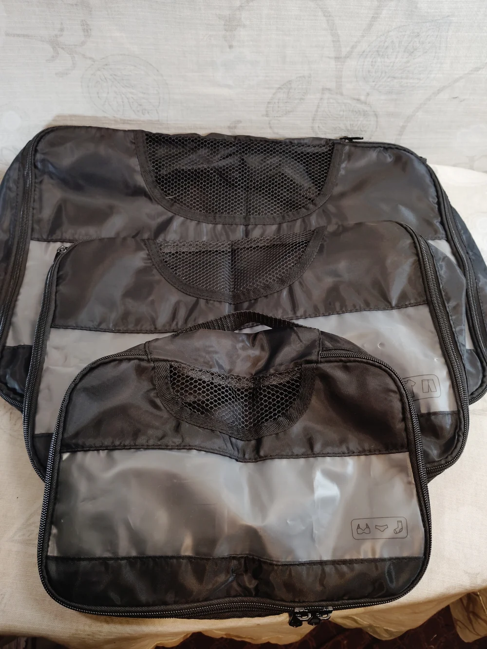 3pc Black & Grey Travel Packing Organizer Set with Mesh Panels